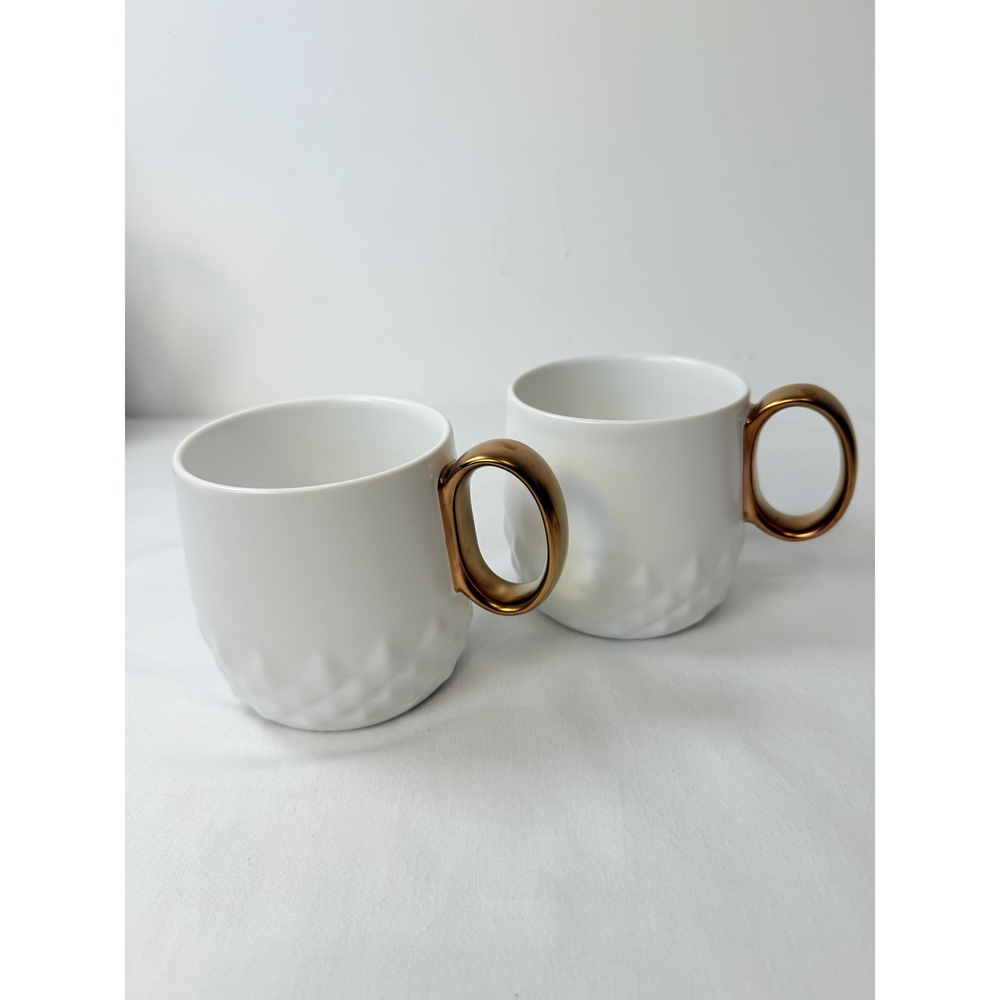Starbucks White Diamond Embossed Bronze Handle Mugs Set Of 2 12oz